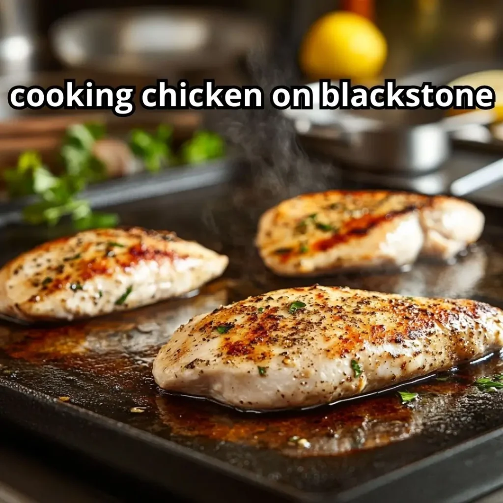 Seasoned chicken breasts cooking on a Blackstone griddle with golden-brown sear marks, cooking utensils and fresh herbs nearby.