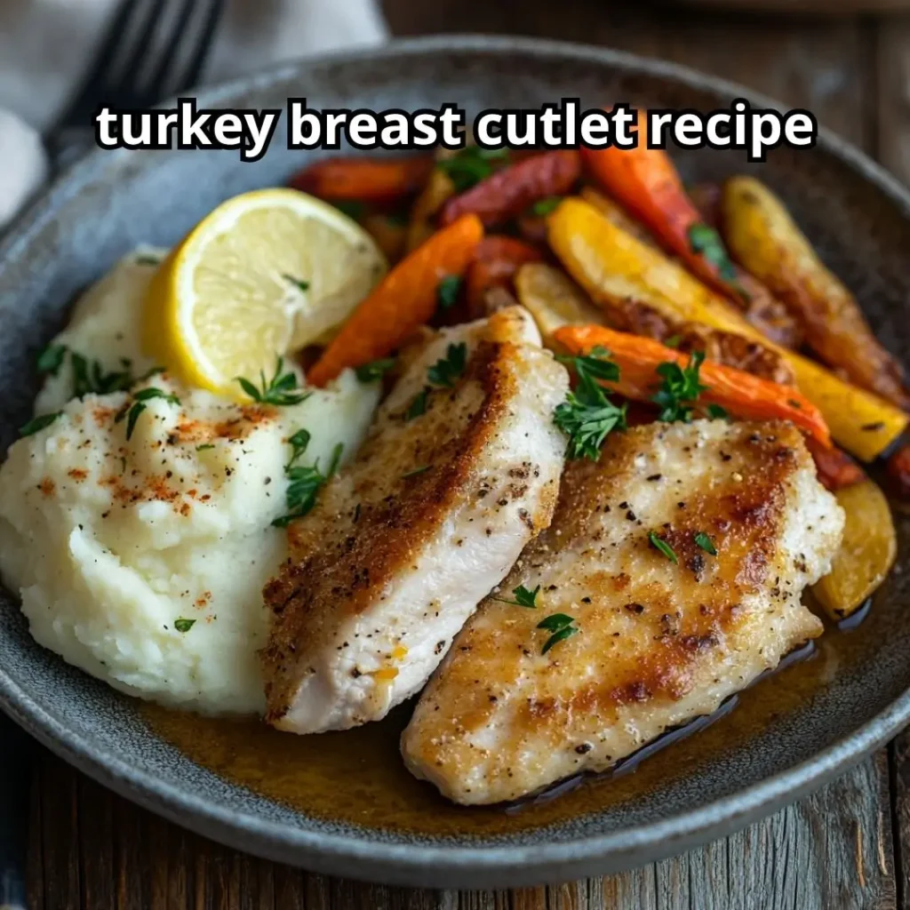 Golden-brown turkey breast cutlet recipe served with lemon wedges, roasted vegetables, and mashed potatoes on a rustic wooden table.