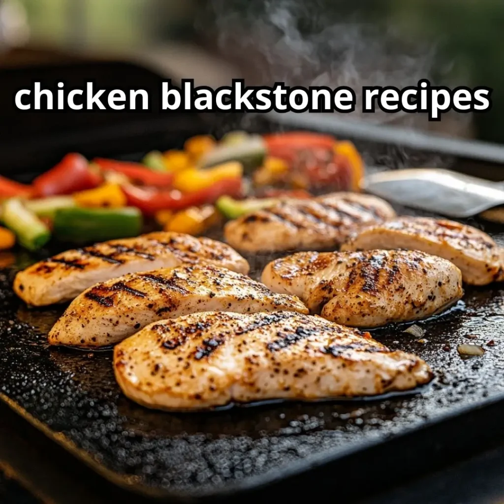 Thin slices of chicken searing on a hot Blackstone griddle with grilled vegetables beside them and a metal spatula resting nearby, chicken blackstone recipes.