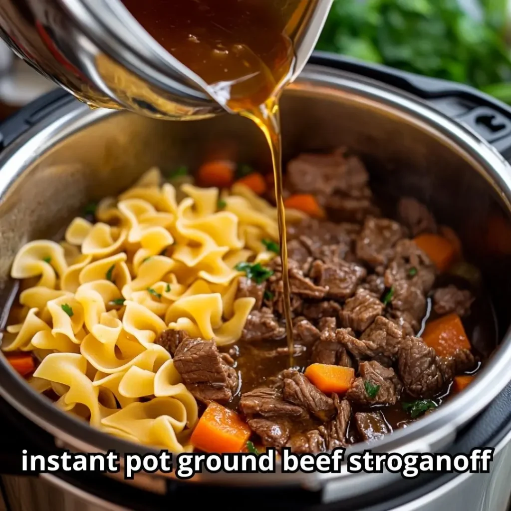 Beef broth being poured over browned ground beef and vegetables with egg noodles layered on top inside the Instant Pot.