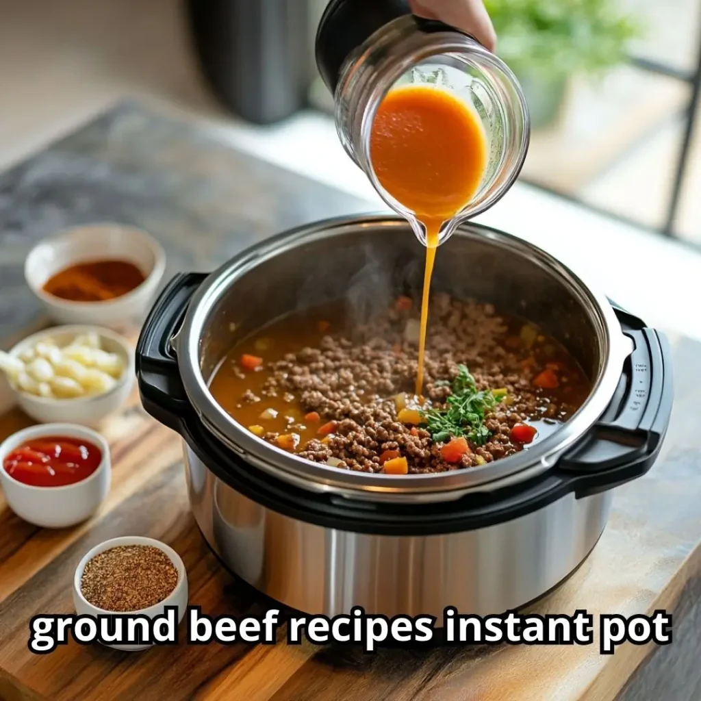 Pouring beef broth and tomato sauce into Instant Pot with browned ground beef and sautéed onions, with spices arranged nearby.