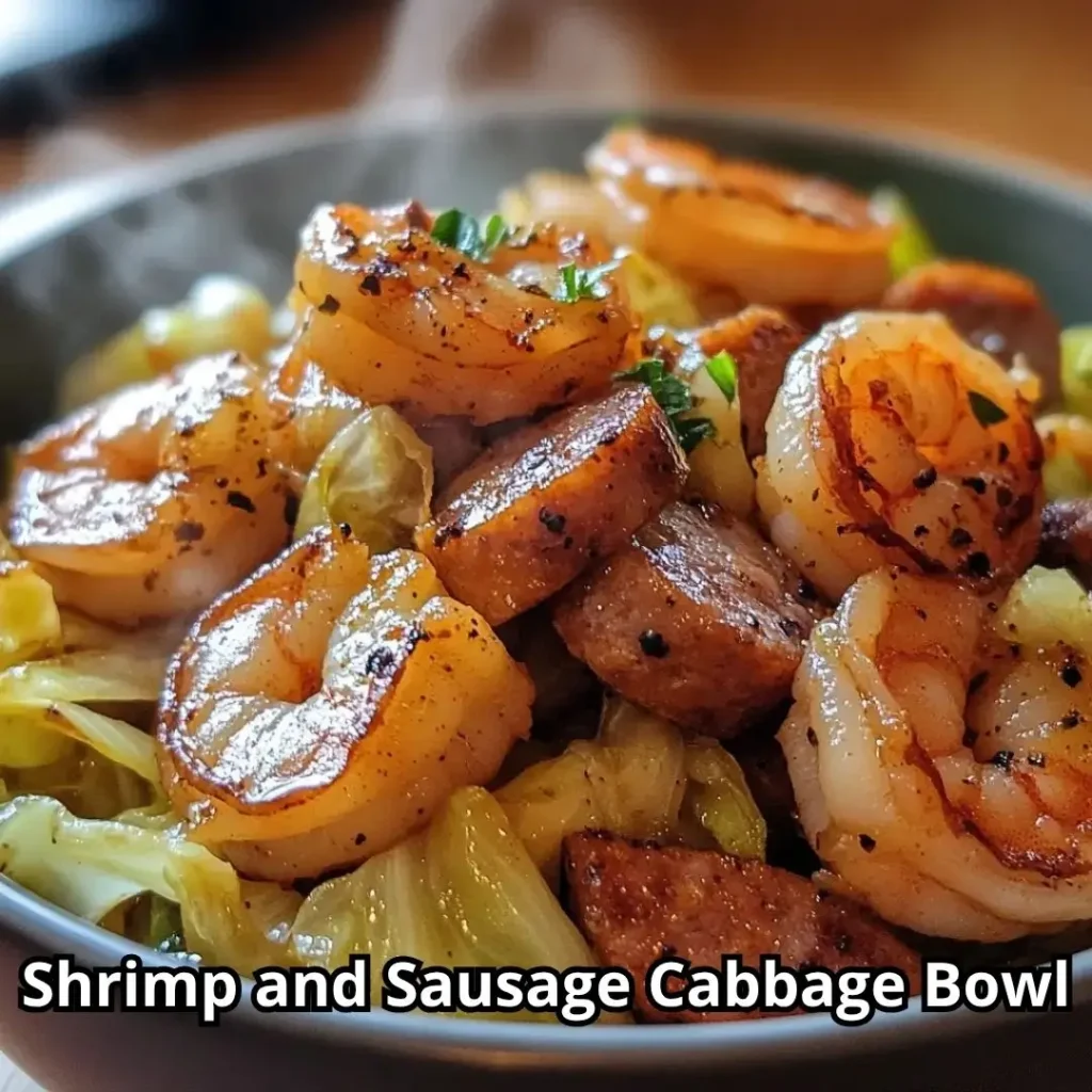 Close-up of a Shrimp and Sausage Cabbage Bowl with tender shrimp, caramelized sausage pieces, and sautéed cabbage, beautifully presented in a deep bowl.