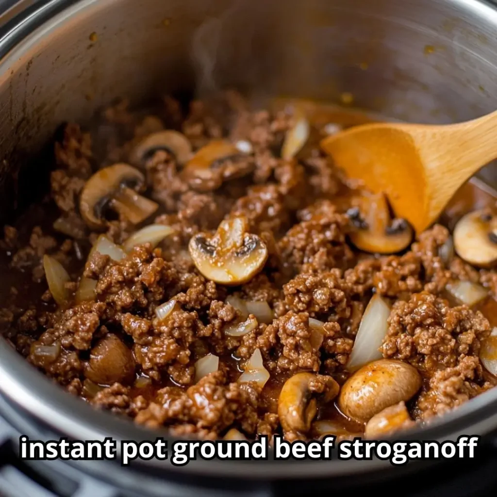 instant pot ground beef stroganoff browning with onions and garlic cooking in an Instant Pot set to sauté mode.