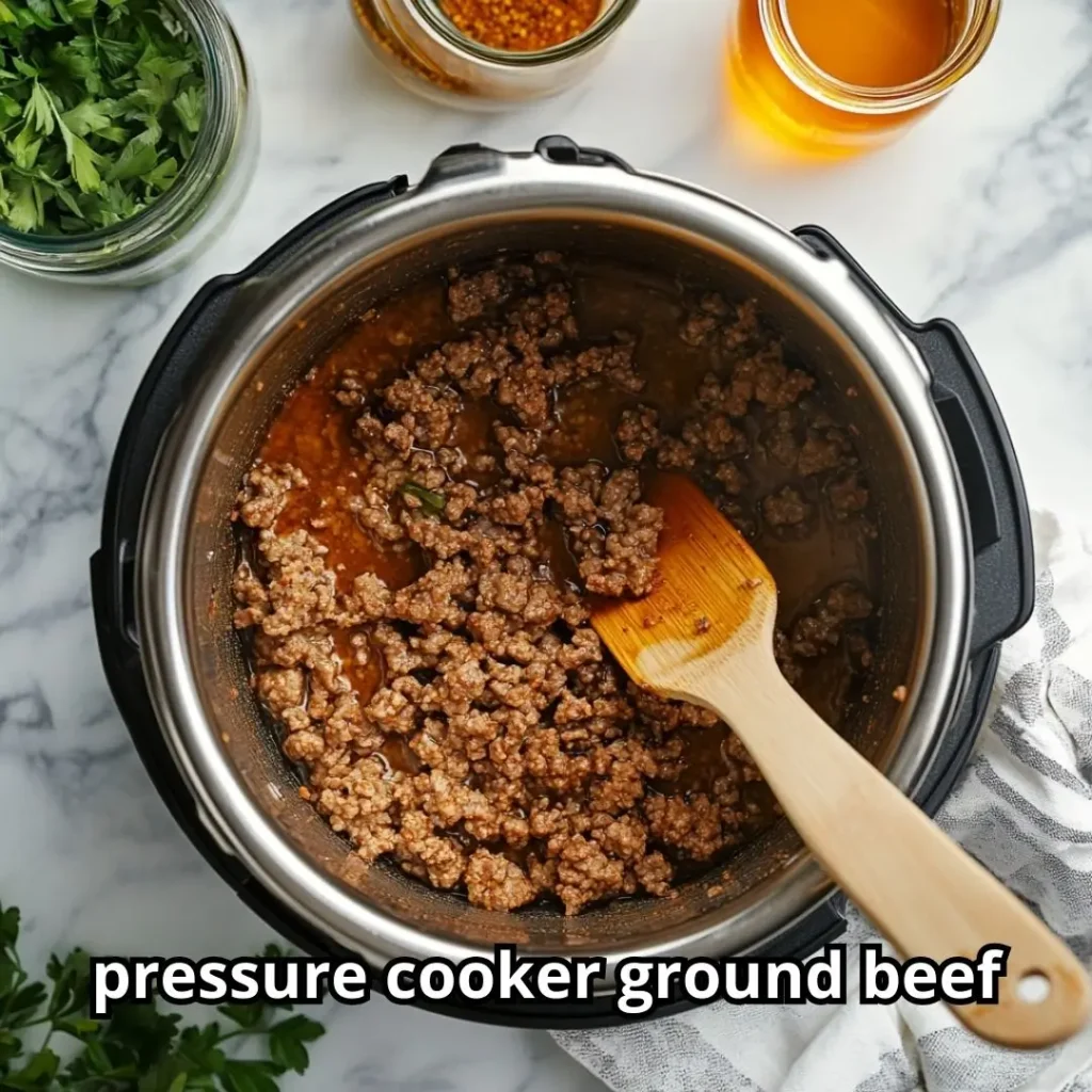 Ground beef browning inside a stainless steel pressure cooker pot, with a wooden spatula and seasoning jars on the countertop.