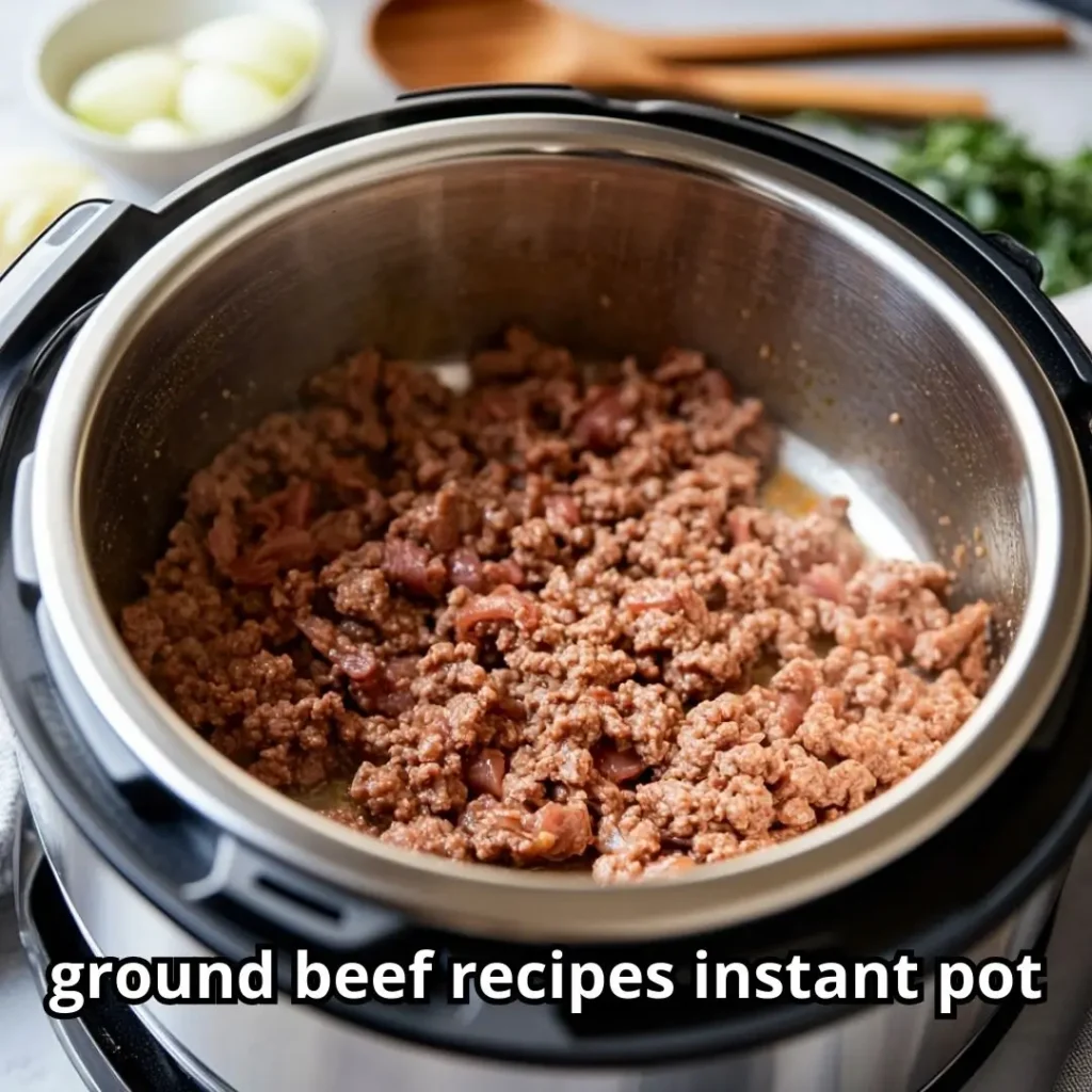 Ground beef browning in an Instant Pot on sauté mode with chopped onions and garlic prepared nearby.
