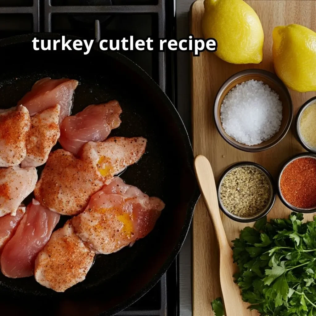 Cast iron skillet heating with olive oil alongside small bowls of garlic powder, paprika, salt, pepper, raw turkey cutlets on a wooden board, and fresh lemon and parsley.