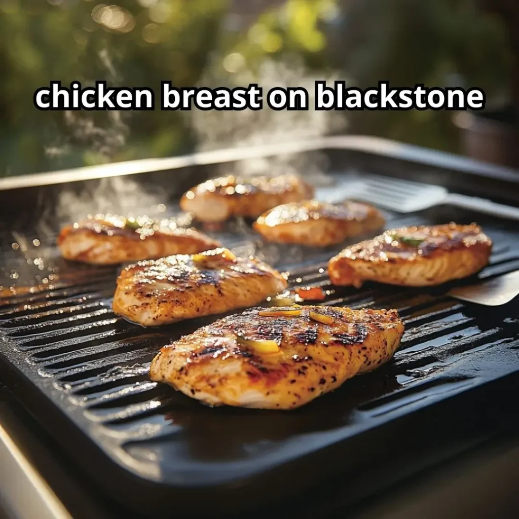 Chicken breasts sizzling on a Blackstone griddle with golden grill marks and cooking utensils nearby