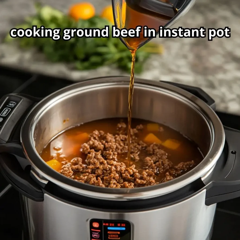 Beef broth being poured into Instant Pot to deglaze browned ground beef before pressure cooking.
