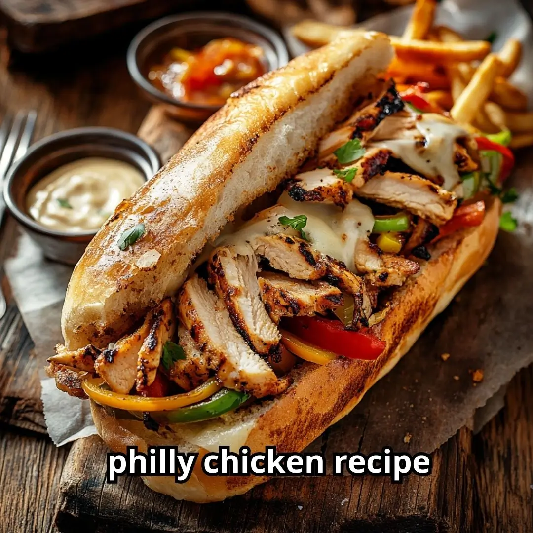 Fresh Philly chicken sandwich with sautéed peppers and melted cheese on toasted hoagie roll served with fries.