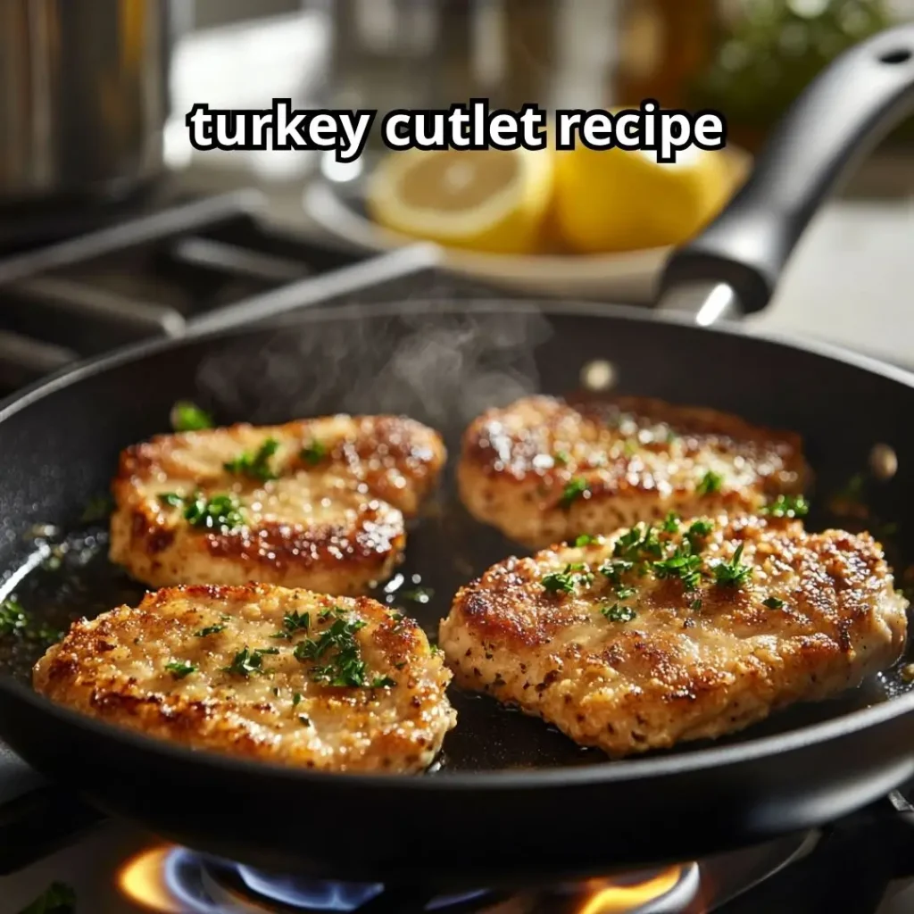 Golden turkey cutlets sizzling in a skillet with steam rising, alongside a plate with rested cutlets garnished with parsley and lemon wedges.
