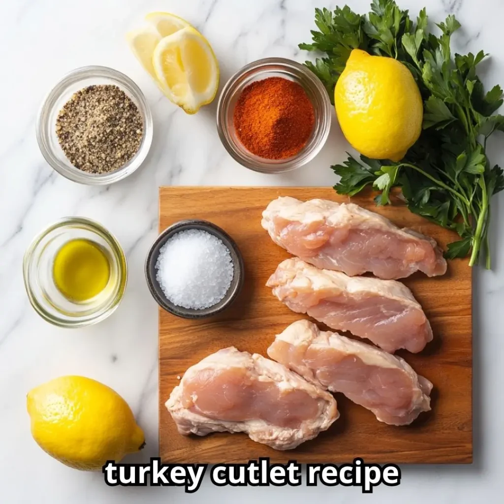 Fresh raw turkey cutlets alongside measured bowls of olive oil, garlic powder, paprika, salt, pepper, lemon, and parsley arranged on a marble countertop.
