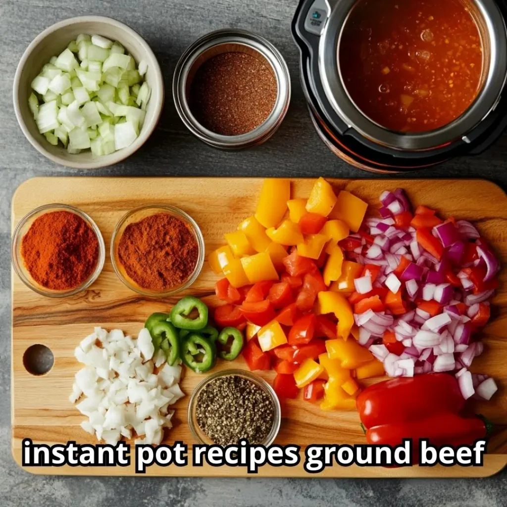 Fresh ingredients for cooking ground beef recipes arranged on a wooden board, including raw beef, onions, garlic, and spices.