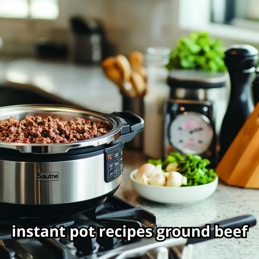 Instant Pot on sauté mode browning ground beef with cooking utensils and chopped aromatics nearby