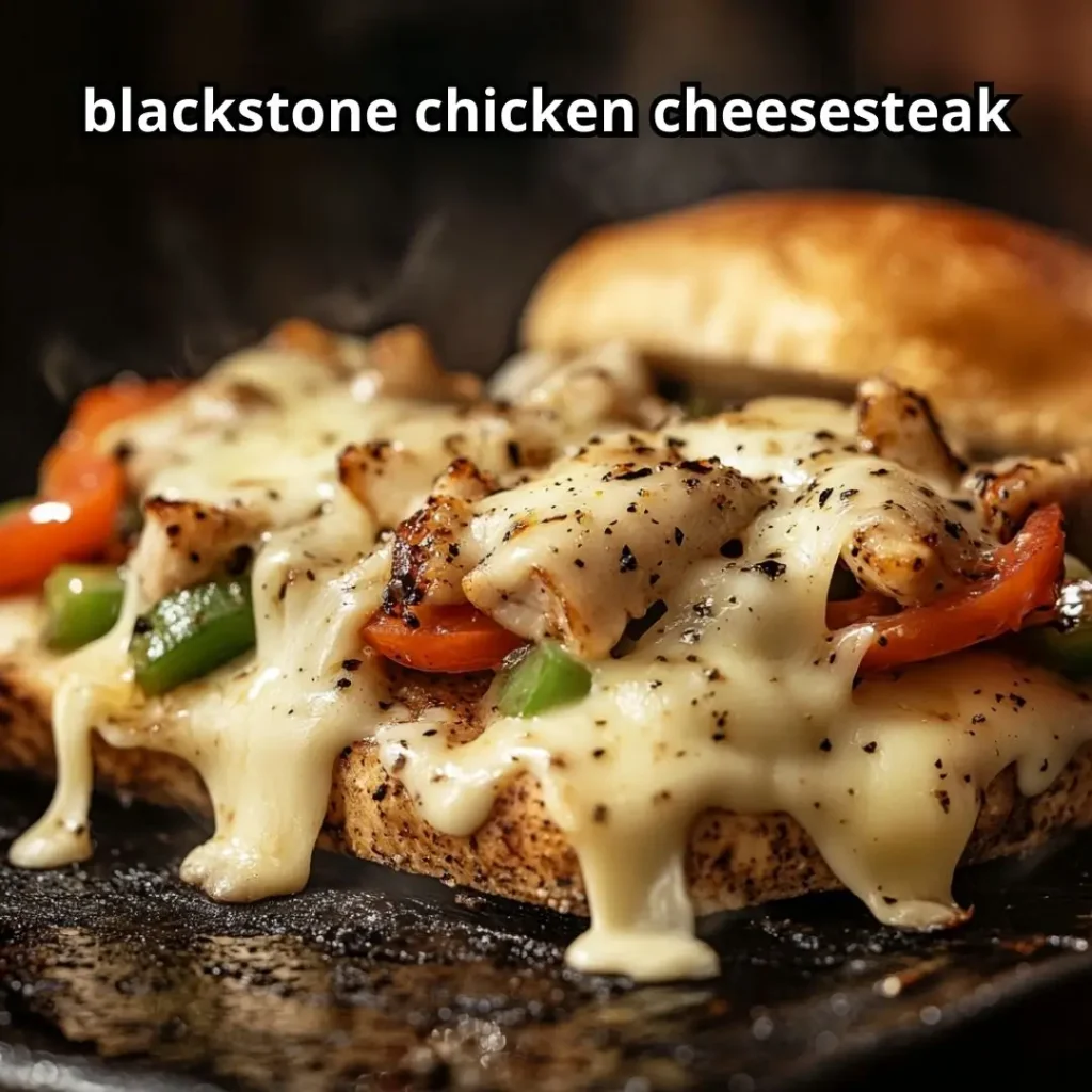 Provolone cheese melting over cooked chicken and vegetables on Blackstone griddle for blackstone chicken cheesesteak