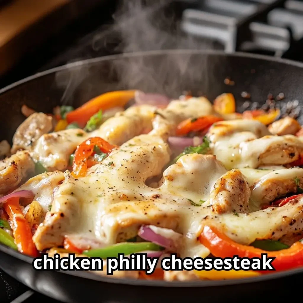 Provolone cheese melting over cooked chicken strips with sautéed peppers and onions in a skillet.