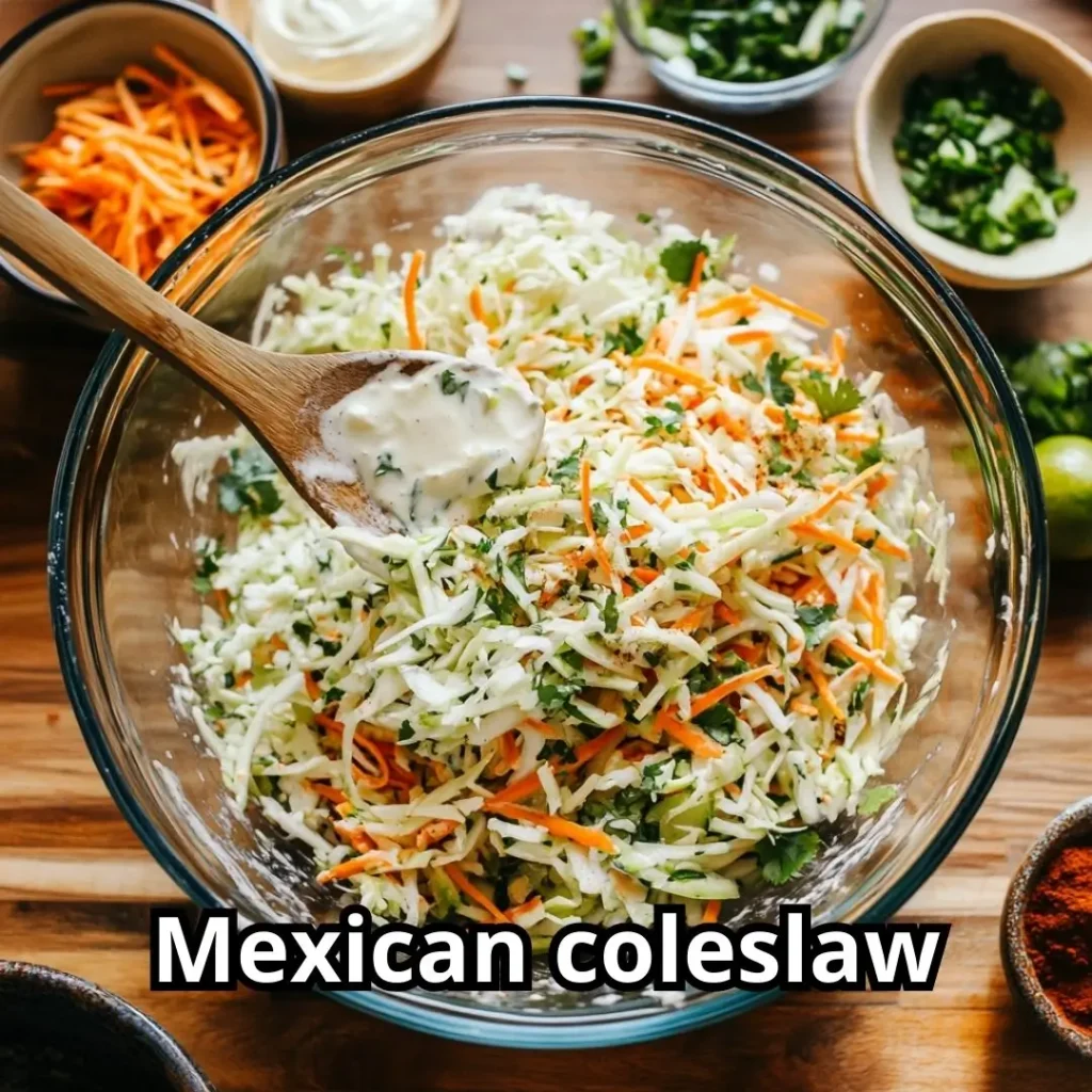 Mixing shredded vegetables with creamy dressing to make Mexican coleslaw in glass bowl