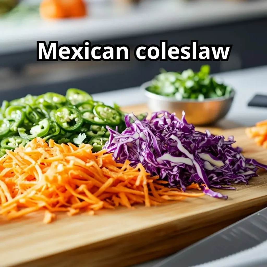 Shredded cabbage and carrots on cutting board ready for Mexican coleslaw preparation