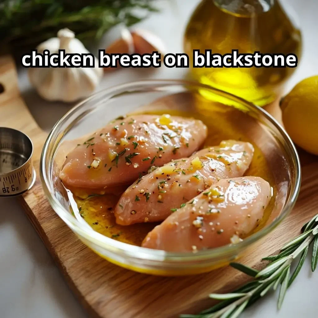 Raw chicken breasts marinating in a glass bowl with olive oil, lemon juice, and herbs on a kitchen counter