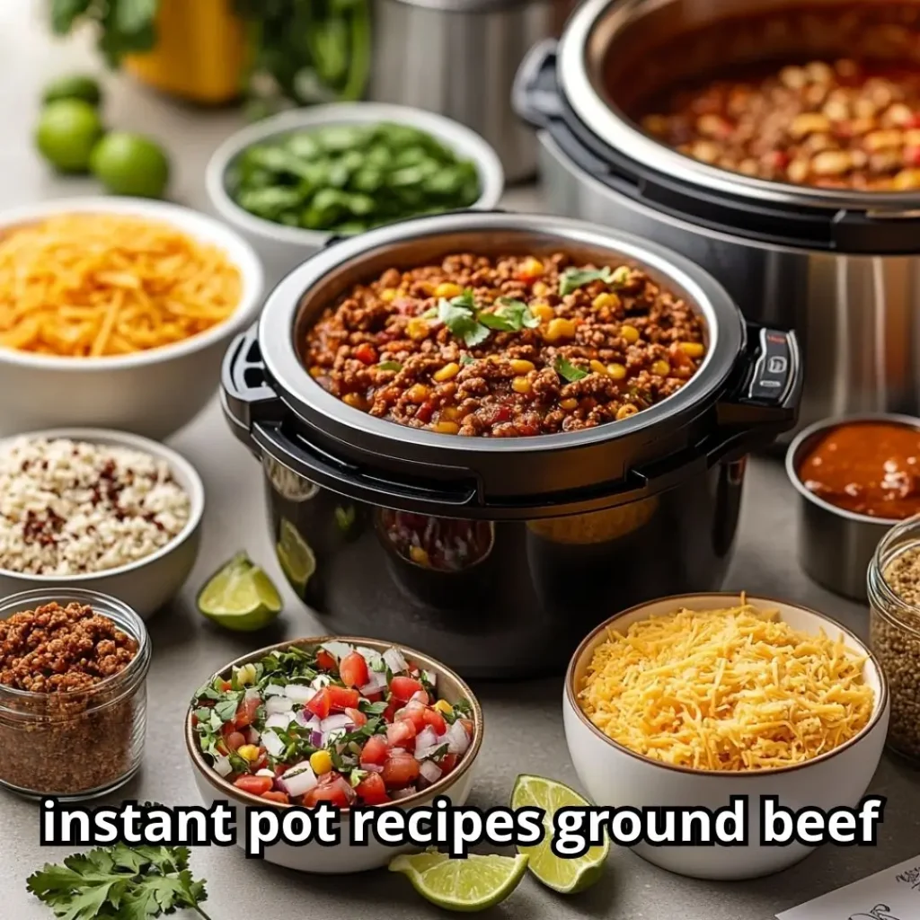 Variety of cooked ground beef dishes served in bowls with fresh herbs, cheese, and optional add-ins displayed on a kitchen counter