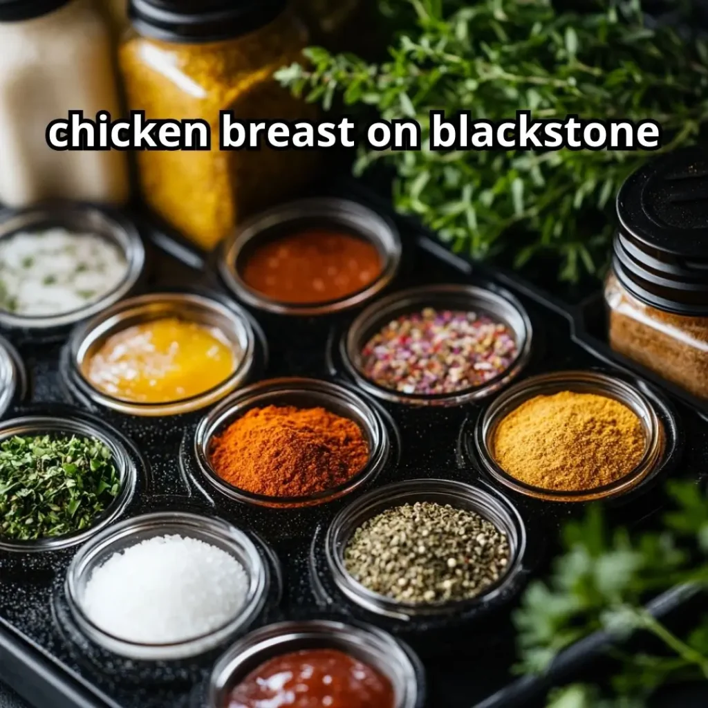 Variety of seasoning jars and fresh herbs arranged next to a preheated Blackstone griddle for chicken seasoning