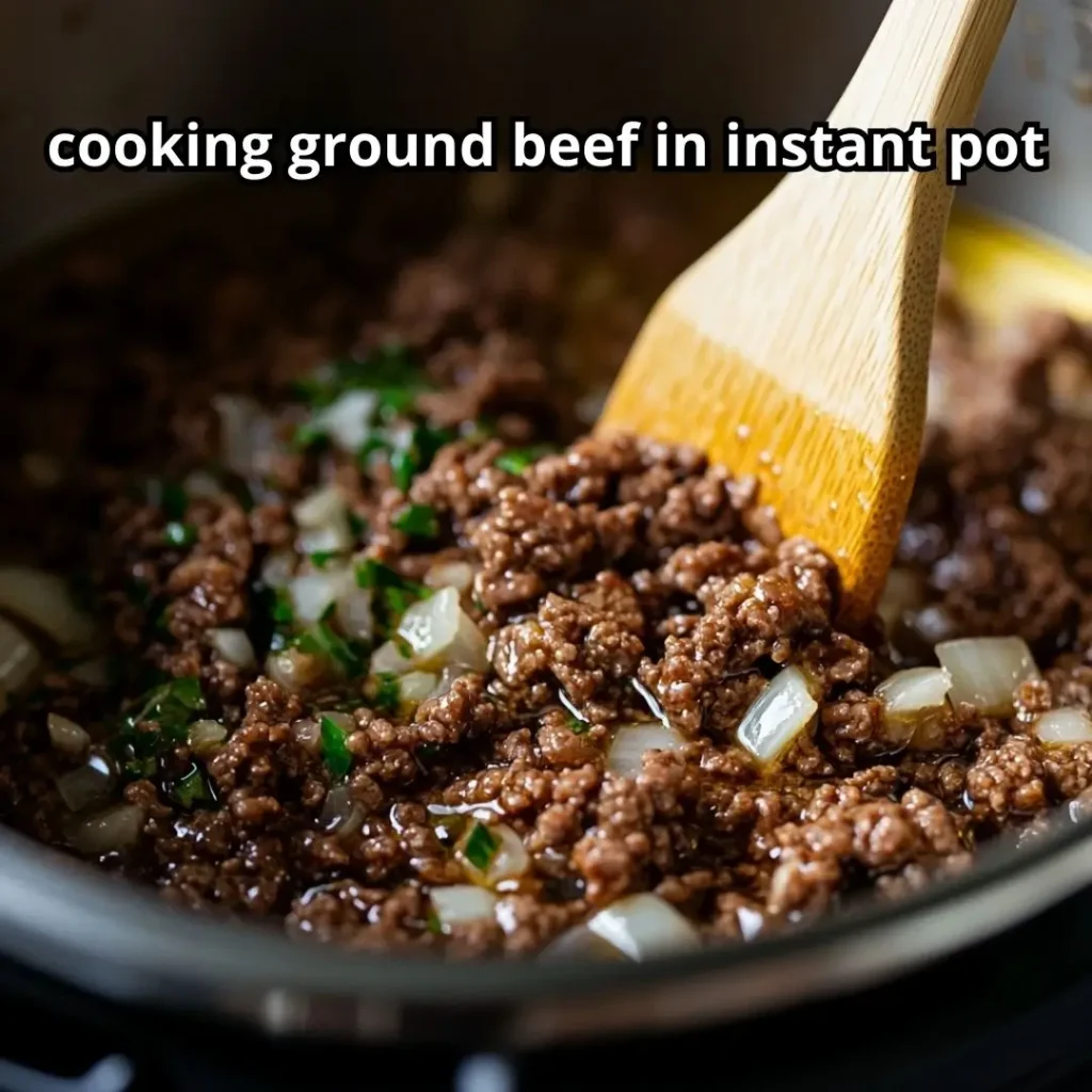 cooking ground beef in instant pot sautéing diced onions, garlic, and partially browned ground beef with wooden spatula.