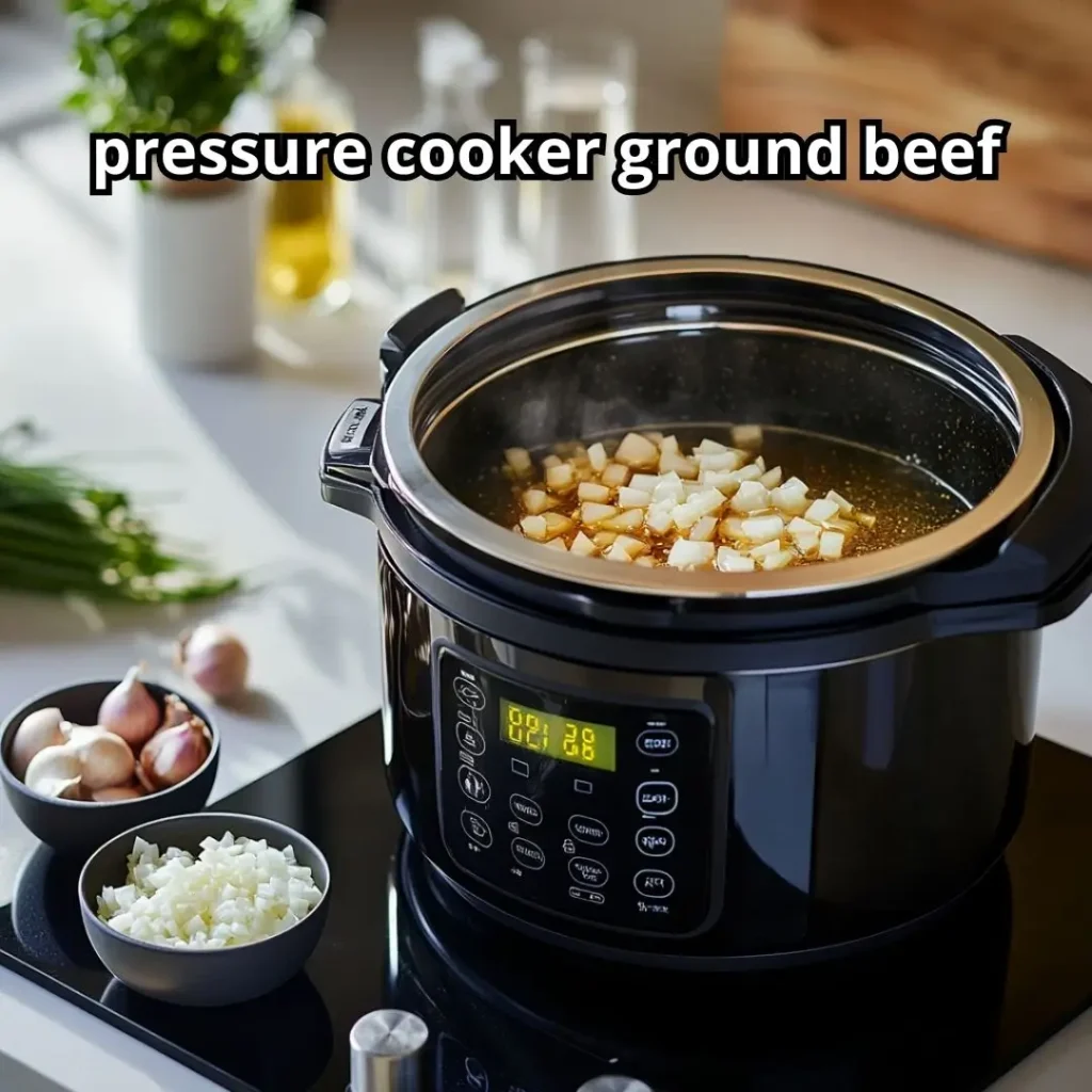Pressure cooker set to sauté mode with olive oil heating, alongside bowls of diced onions and minced garlic ready to be cooked.