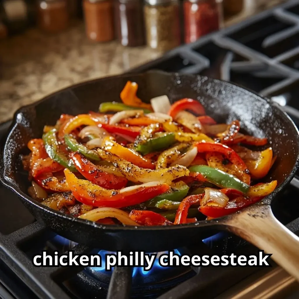 Bell peppers and onions sautéing in a cast iron skillet on a stove with olive oil.