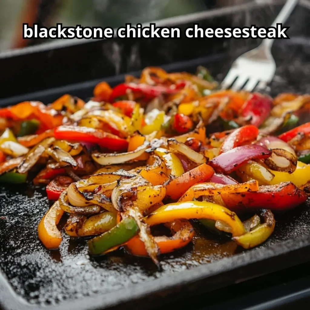 Bell peppers and onions sautéing on Blackstone griddle for blackstone chicken cheesesteak recipe