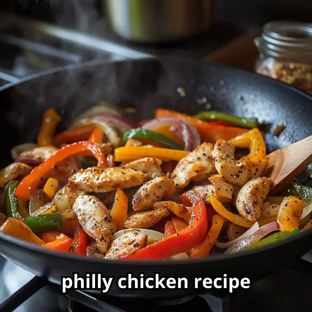 Sautéed chicken breast, bell peppers, and onions cooking in a skillet with olive oil on stovetop.