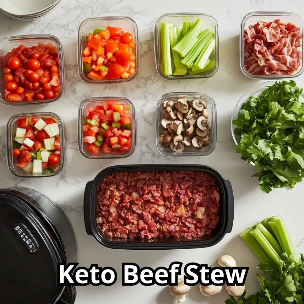 Organized display of low carb ingredients next to a slow cooker on a kitchen counter.