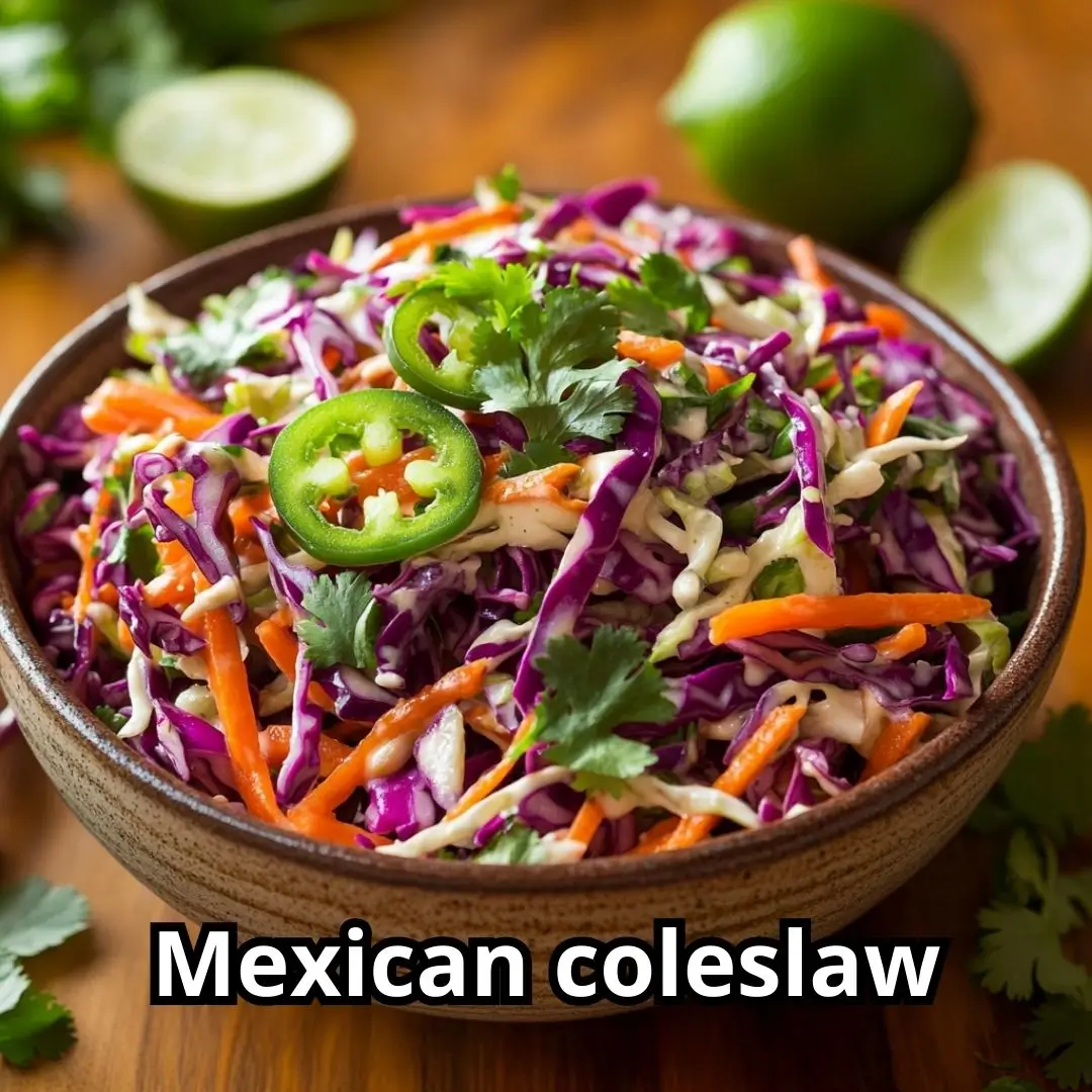 Colorful bowl of Mexican coleslaw with shredded cabbage, carrots, jalapeños, and cilantro in creamy lime dressing