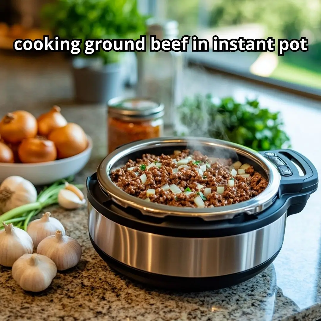 cooking ground beef in instant pot filled with browned ground beef and sautéed onions, surrounded by fresh ingredients on kitchen countertop.
