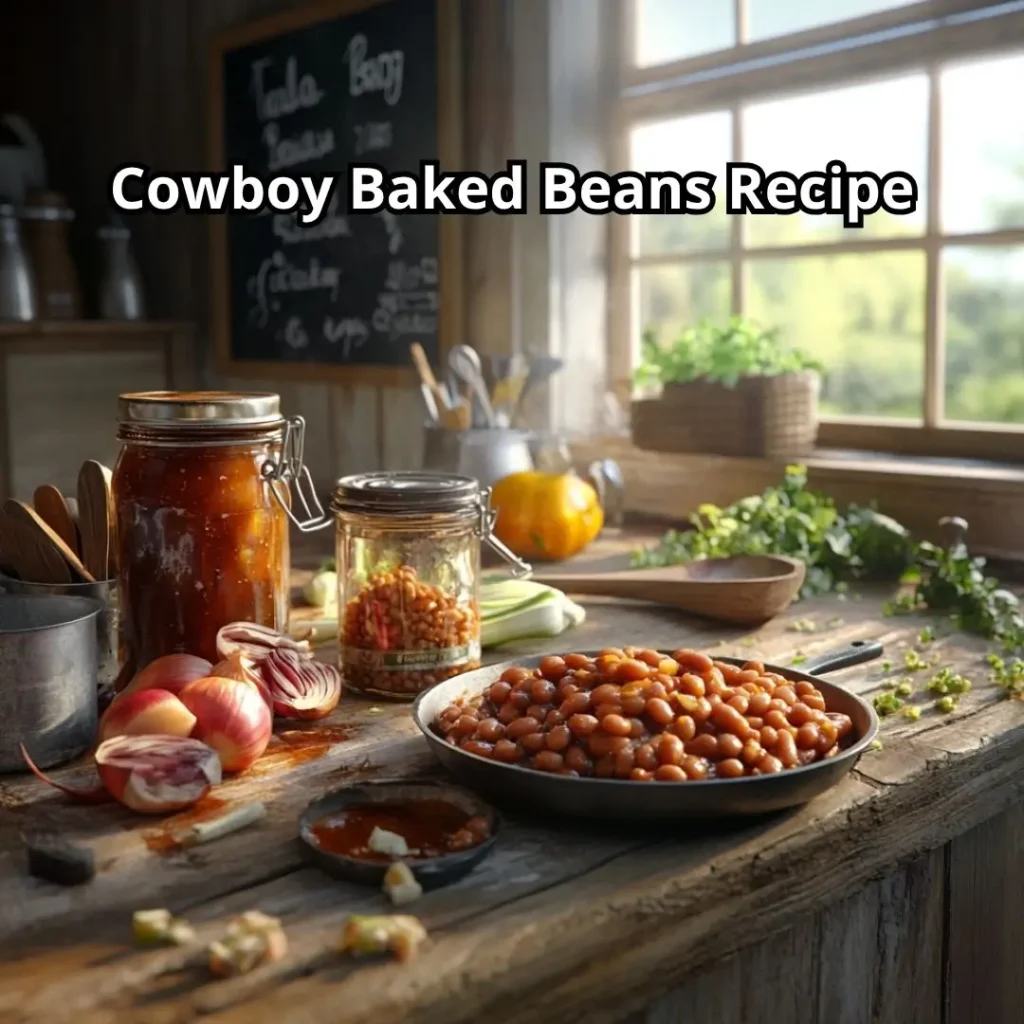 Rustic kitchen counter with ingredients for a halal recipe, including navy beans, diced beef strips, molasses, and vegetables.