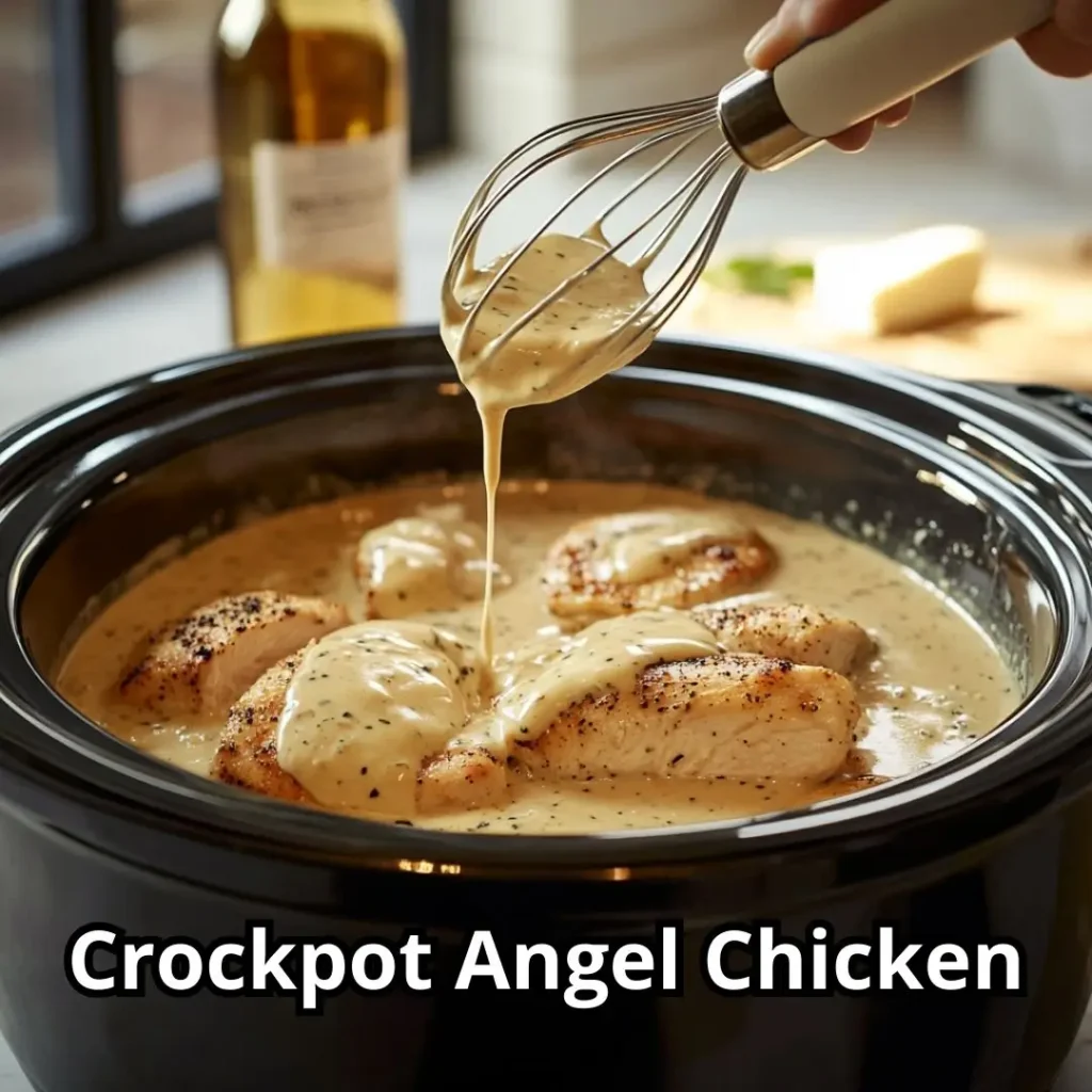 Modern kitchen counter with a slow cooker containing chicken breasts, where a creamy sauce for Crockpot Angel Chicken is poured from a mixing bowl.