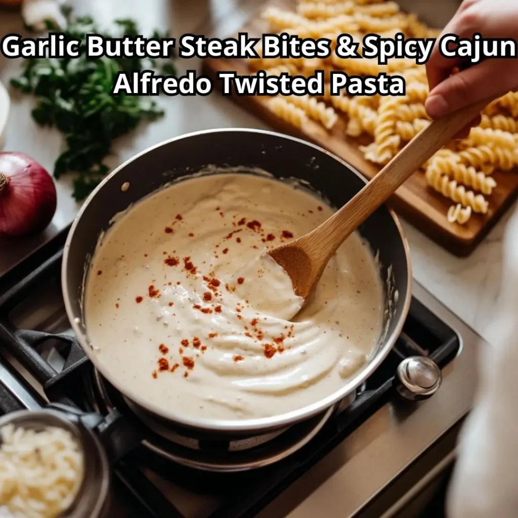 Wooden spoon stirring creamy Cajun Alfredo sauce in a saucepan, with chopped onion and cooked rotini pasta nearby on a kitchen counter.