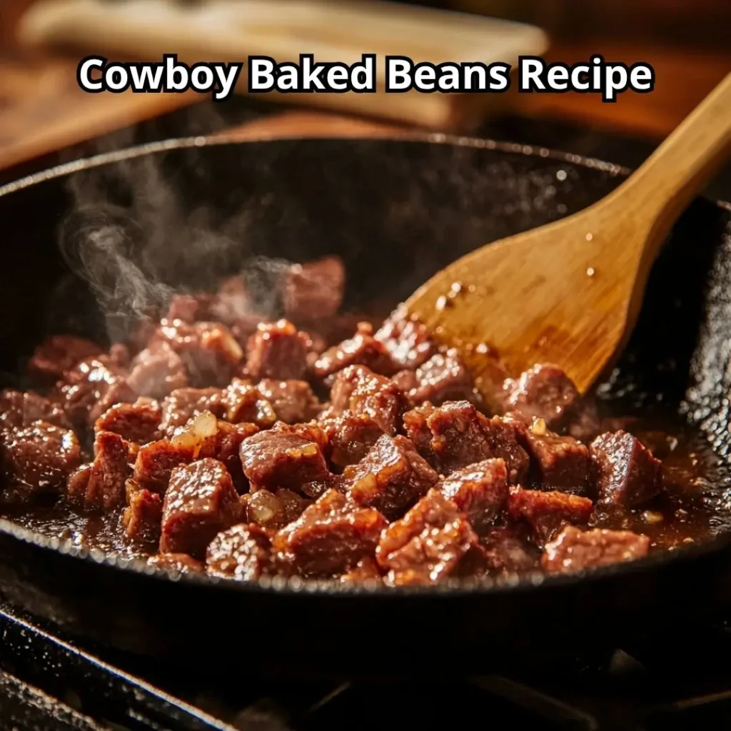 Cast-iron skillet sizzling with diced beef strips for a halal Cowboy Baked Beans Recipe, stirred by a wooden spatula.