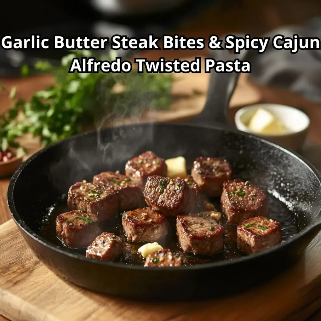 Cast-iron skillet sizzling with Garlic Butter Steak Bites & Spicy Cajun Alfredo Twisted Pasta ingredients, including prepped steak cubes and minced garlic on a kitchen counter.