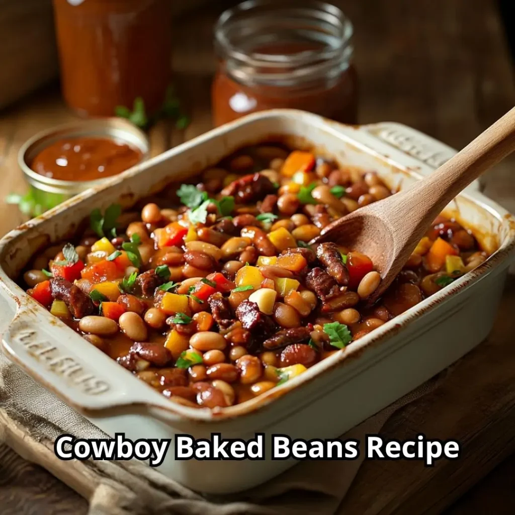 Ceramic baking dish with a mix of navy beans, beef strips, and sauce, stirred by a wooden spoon for a halal recipe.