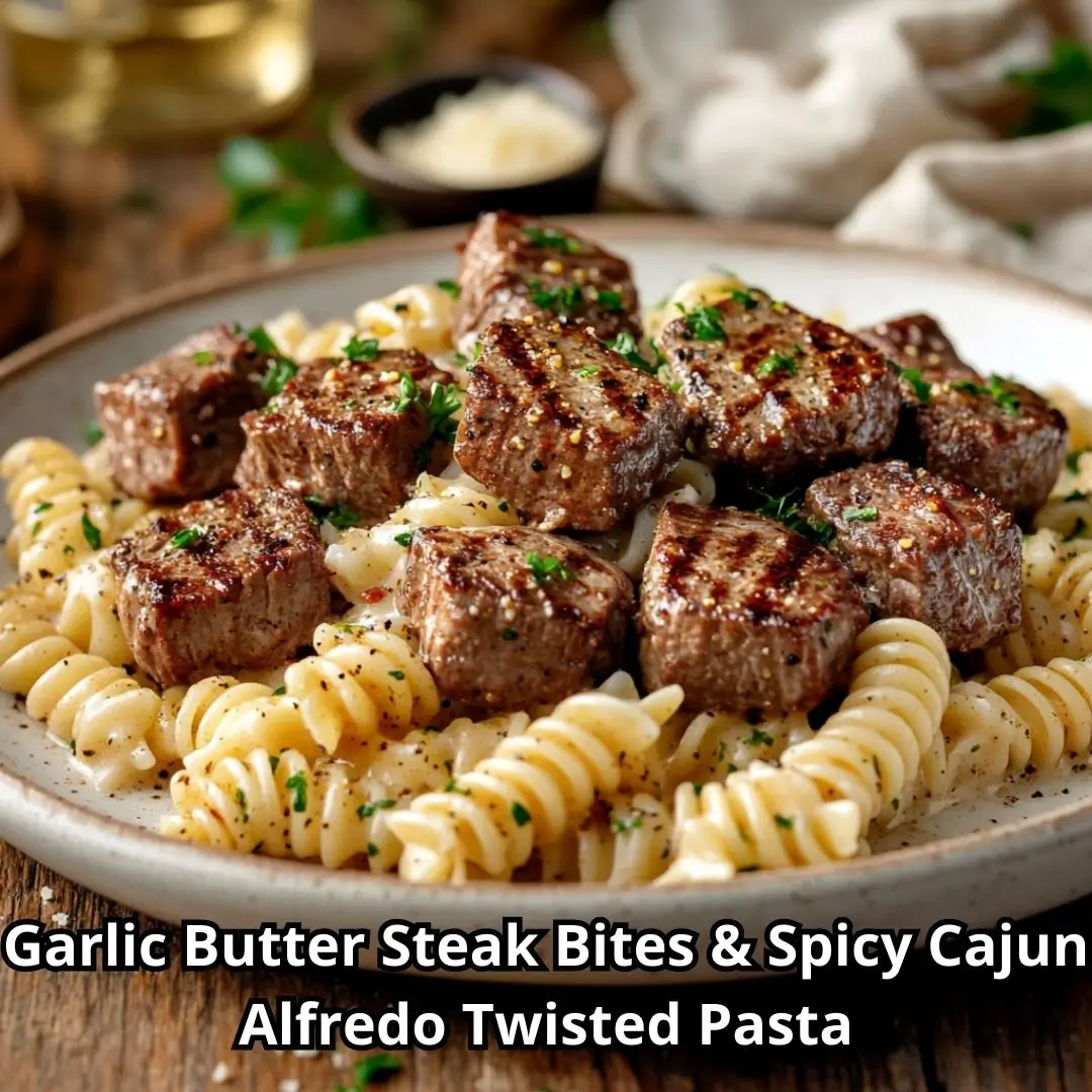 Plated Garlic Butter Steak Bites & Spicy Cajun Alfredo Twisted Pasta on a rustic white ceramic plate with parsley garnish and a glass of white wine in the background.