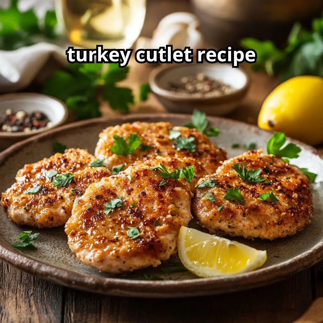 Golden-brown turkey cutlets garnished with fresh parsley and lemon drizzle on a rustic wooden table, showcasing a healthy turkey cutlet recipe meal.