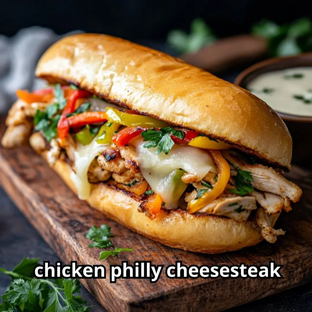 Chicken Philly cheesesteak sandwich with melted provolone, sautéed peppers and onions on toasted hoagie roll.