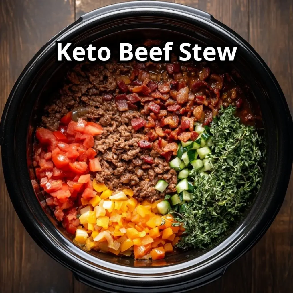 Layered ingredients including beef, bacon, vegetables, and herbs inside an open slow cooker.