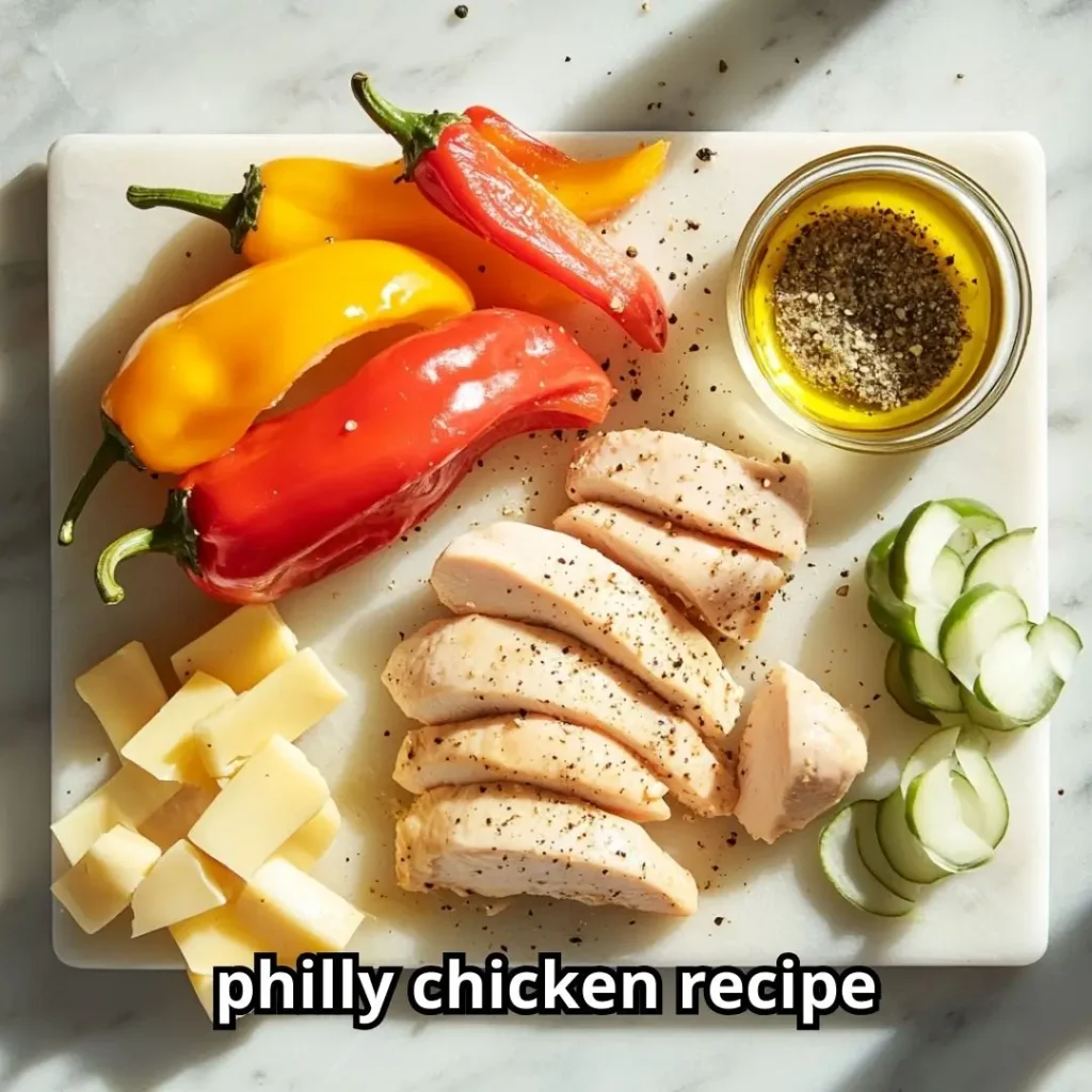 Fresh ingredients for Philly chicken including colorful bell peppers, chicken breasts, onions, and provolone cheese.