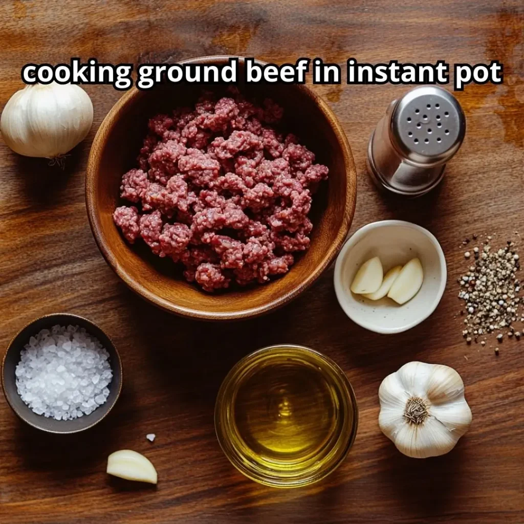 Fresh ingredients for Instant Pot ground beef recipe neatly arranged on a wooden kitchen counter.