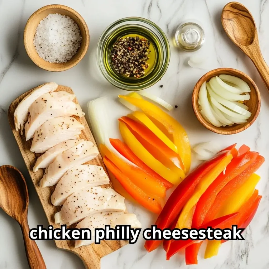 Fresh ingredients for chicken Philly cheesesteak including sliced chicken, bell peppers, onions, and provolone cheese arranged on a white countertop.