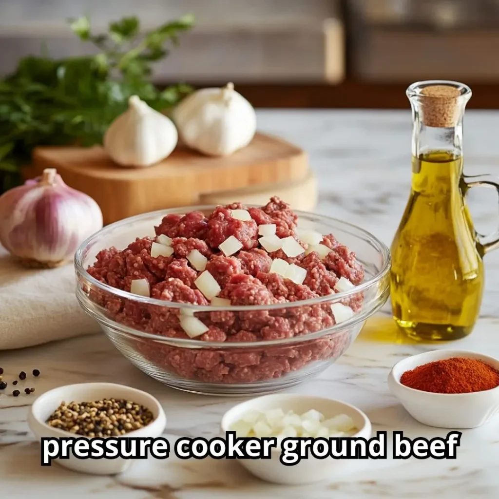 Fresh ingredients for pressure cooker ground beef recipe on a kitchen countertop, including raw ground beef, diced onions, garlic, olive oil, beef broth, and spices.