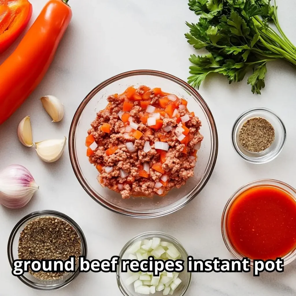 Flat lay of fresh ingredients for Instant Pot ground beef recipes, including ground beef, chopped onions, garlic, beef broth, tomato sauce, and spices.