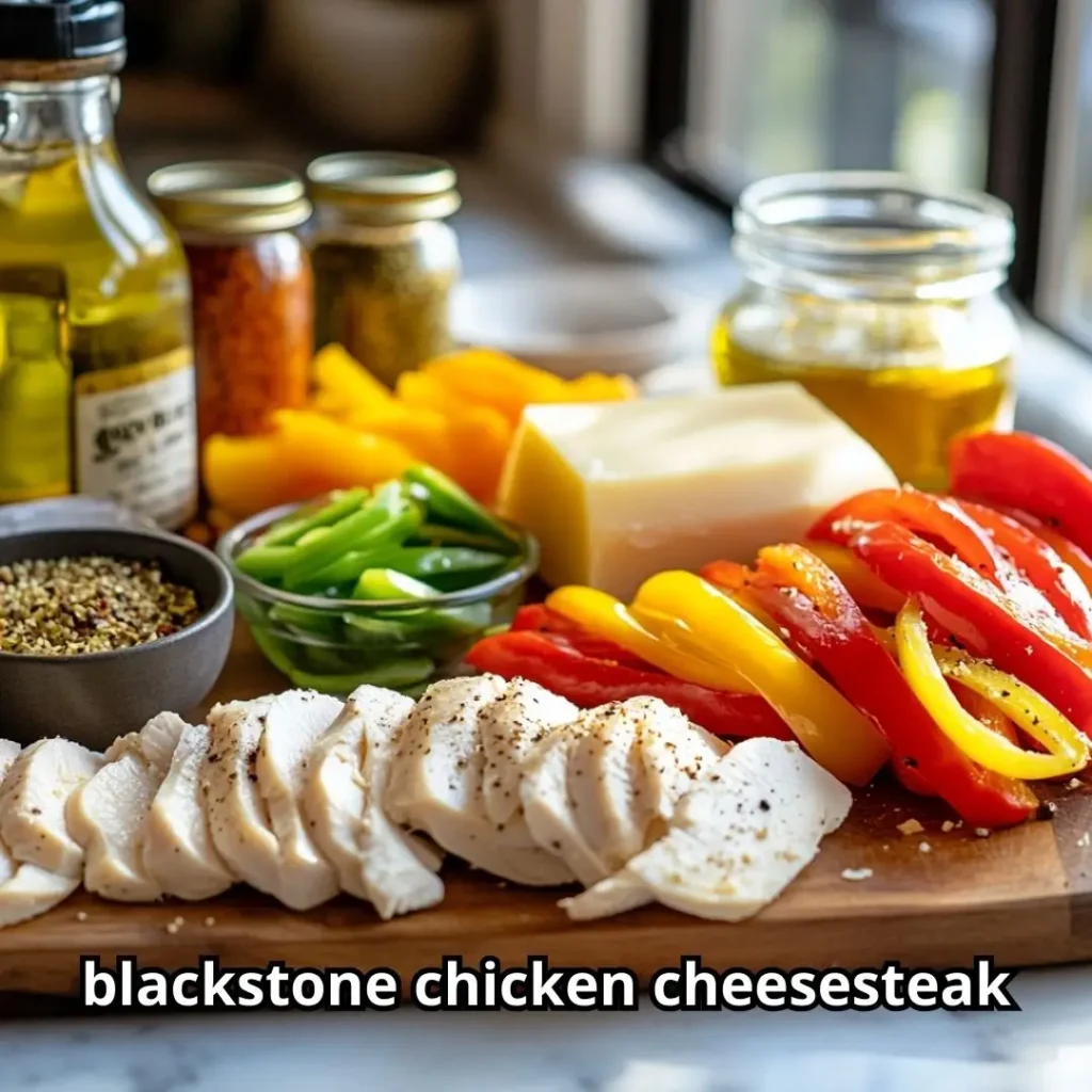 Fresh ingredients for blackstone chicken cheesesteak arranged on kitchen countertop including sliced chicken, peppers, onions, cheese, and hoagie rolls