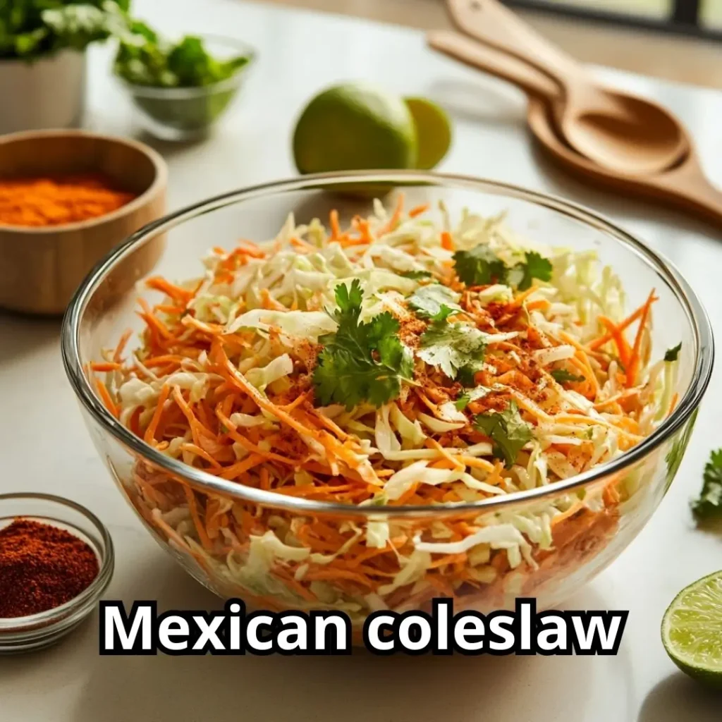 Ingredients for making Mexican coleslaw arranged on kitchen counter including shredded cabbage, spices, and lime wedges